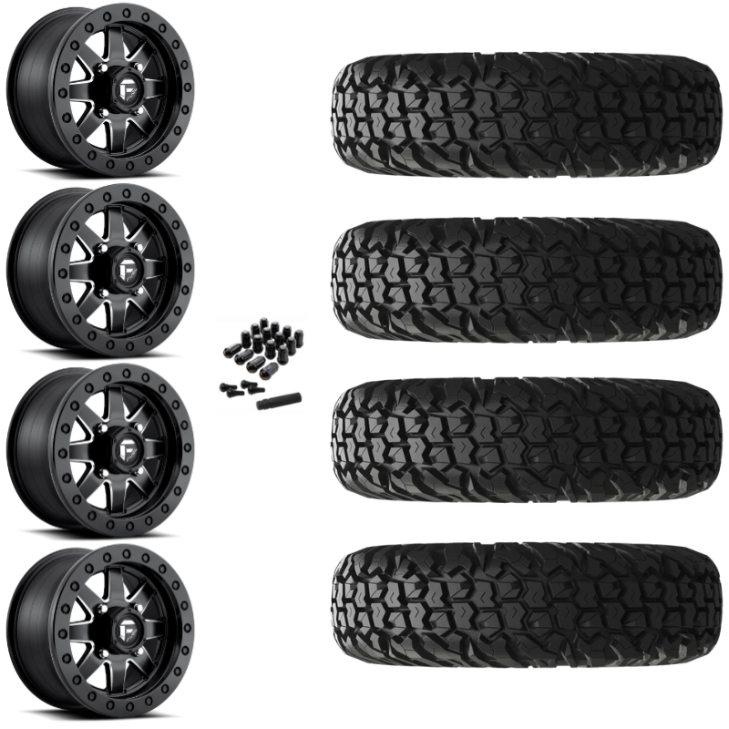 14" Fuel Maverick D938 Beadlock Black Milled UTV Rims & 27" EFX MotoVator Tires 8 Ply Mounted
