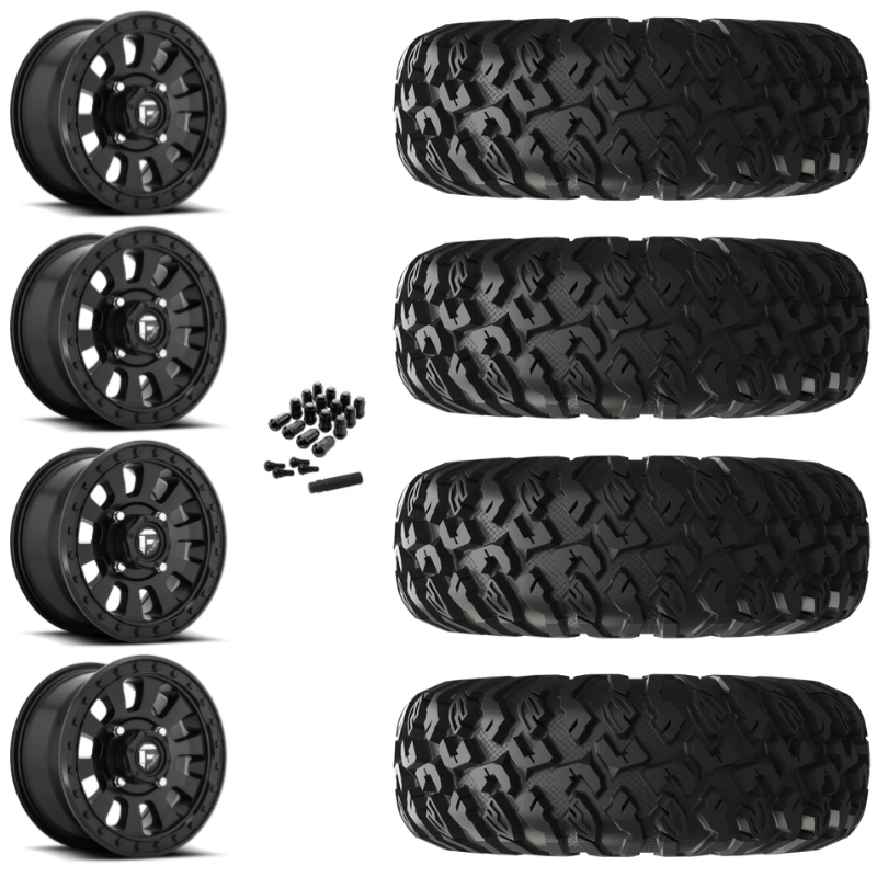 15" Fuel Tactic D630 Black UTV Rims & 28" EFX MotoClaw Tires 8 Ply Mounted