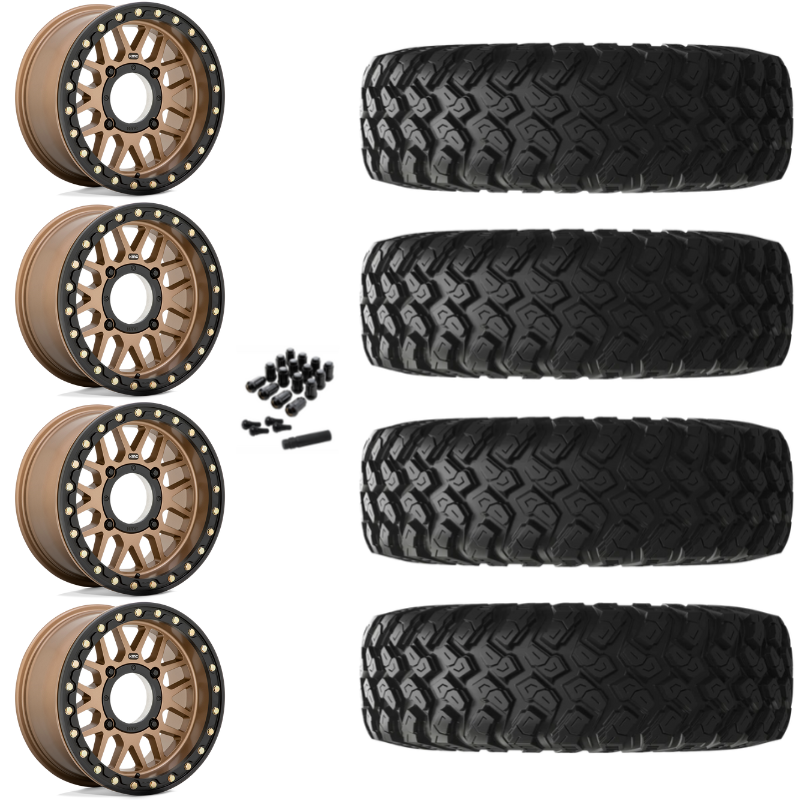 15" KMC Grenade KS235 Beadlock Bronze UTV Rims & 28" EFX MotoRally Tires 8 Ply Mounted