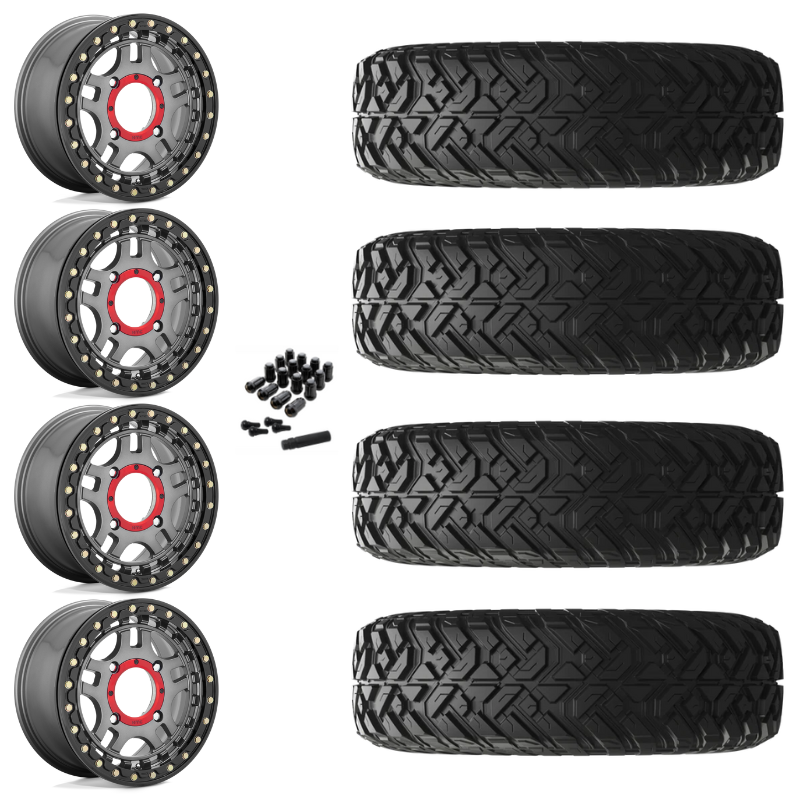 14" KMC Recon KS240 Beadlock Gun Metal UTV Rims & 28" EFX Gripper R/T Tires 10 Ply Mounted