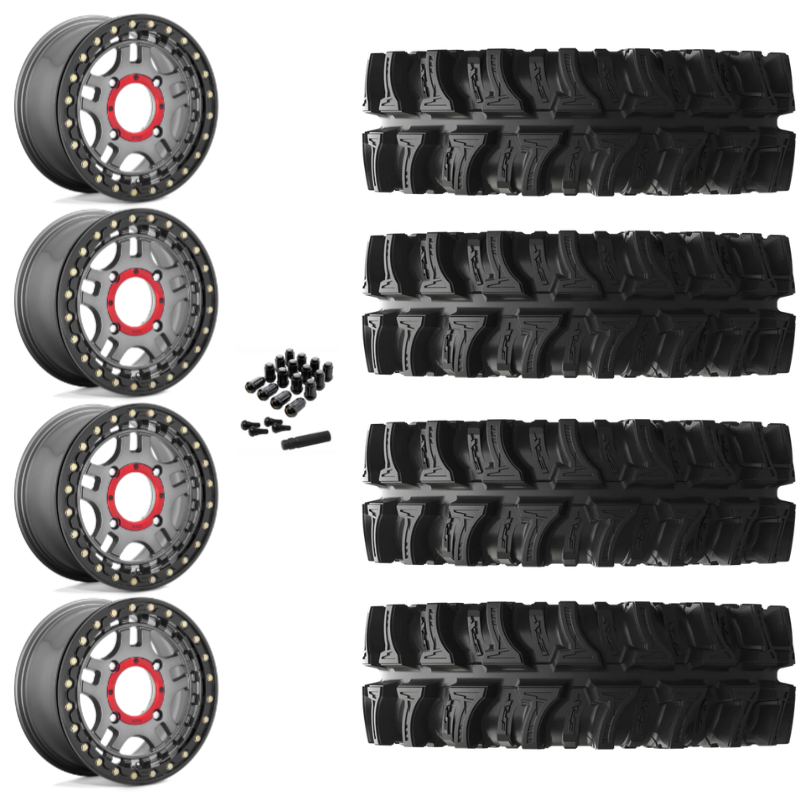 14" KMC Recon KS240 Beadlock Gun Metal UTV Rims & 28" EFX MotoSlayer Tires 6 Ply Mounted