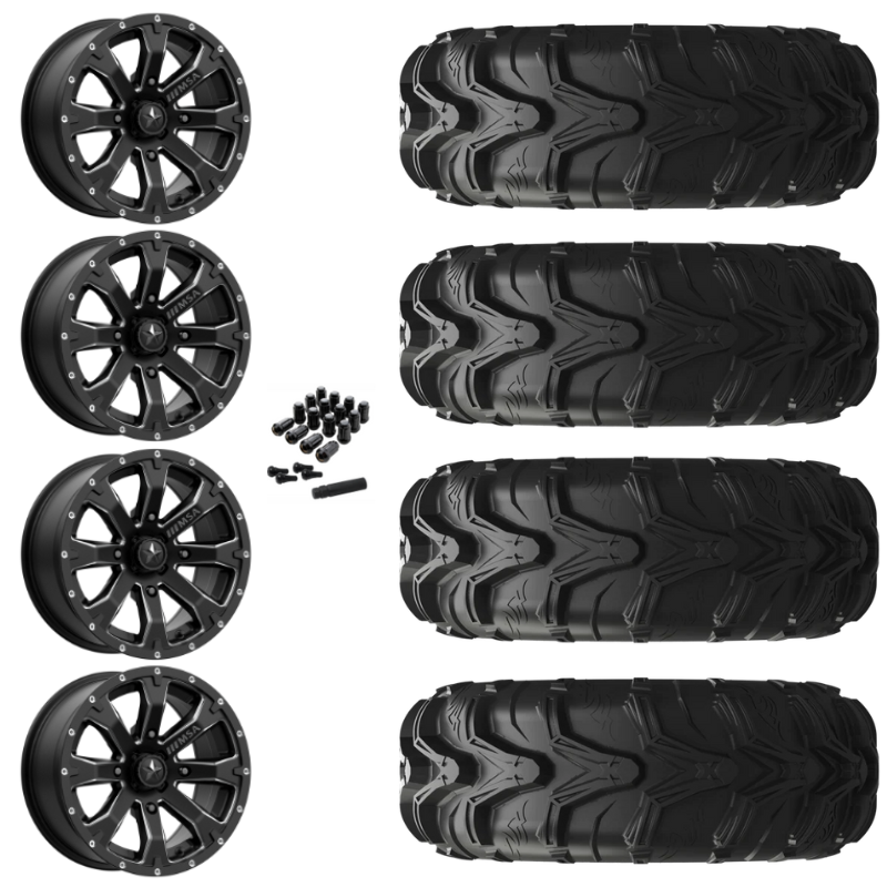 14" MSA Bounty M42 Black Milled UTV Rims & 27" EFX MotoMax Tires 6 Ply Mounted