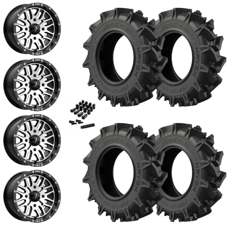 14" MSA Brute M38 Black Machined UTV Rims & 31" EFX MotoHavok Tires 6 Ply Mounted
