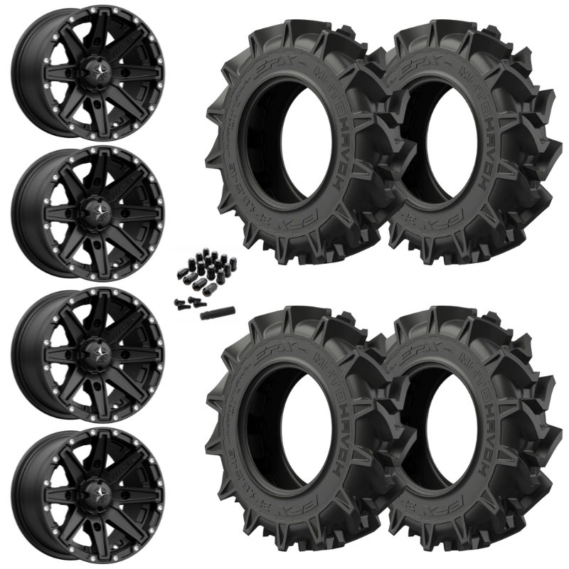 14" MSA Clutch M33 Black UTV Rims & 28" EFX MotoHavok Tires 6 Ply Mounted
