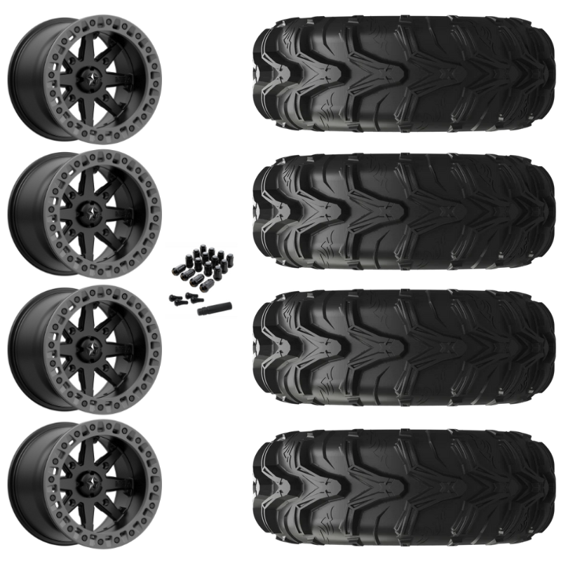 14" MSA Lok2 M31 Beadlock Black & Gray Ring UTV Rims & 27" EFX MotoMax Tires 6 Ply Mounted