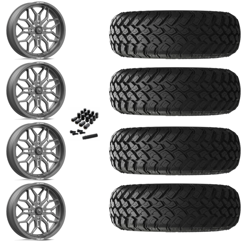 20" MSA Sniper M47 Gun Metal Milled UTV Rims & 34" EFX MotoHammer Tires 8 Ply Mounted