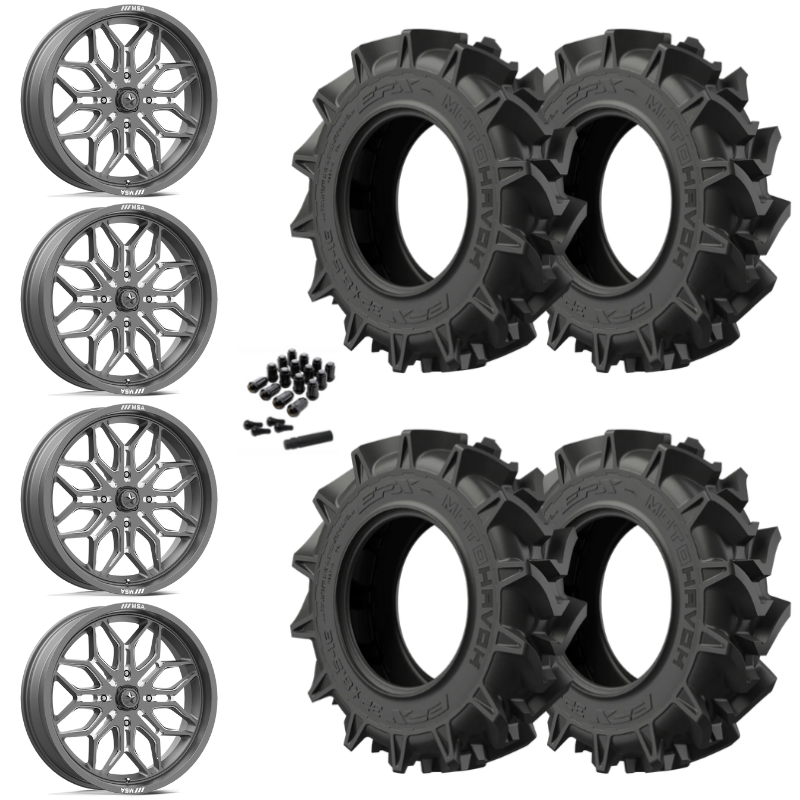 18" MSA Sniper M47 Gun Metal Milled UTV Rims & 32" EFX MotoHavok Tires 6 Ply Mounted