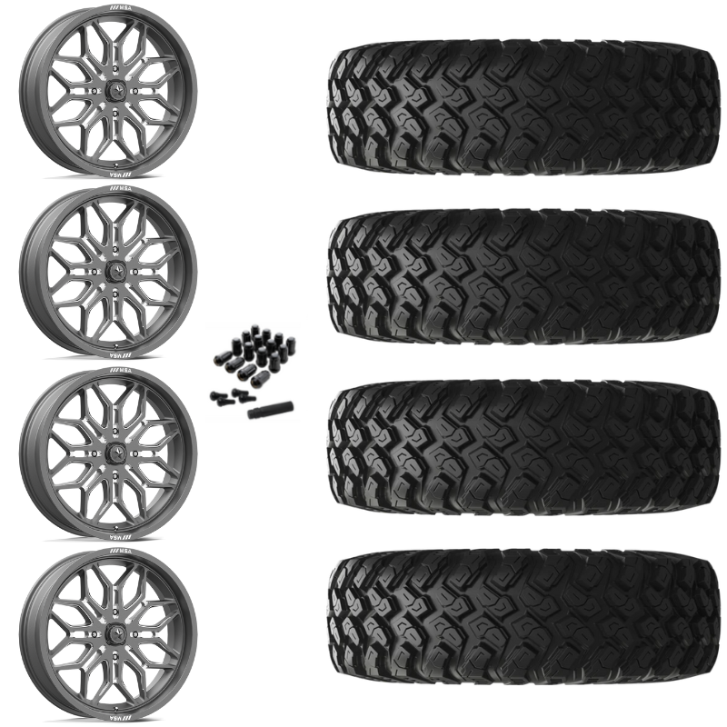 18" MSA Sniper M47 Gun Metal Milled UTV Rims & 35" EFX MotoRally Tires 8 Ply Mounted
