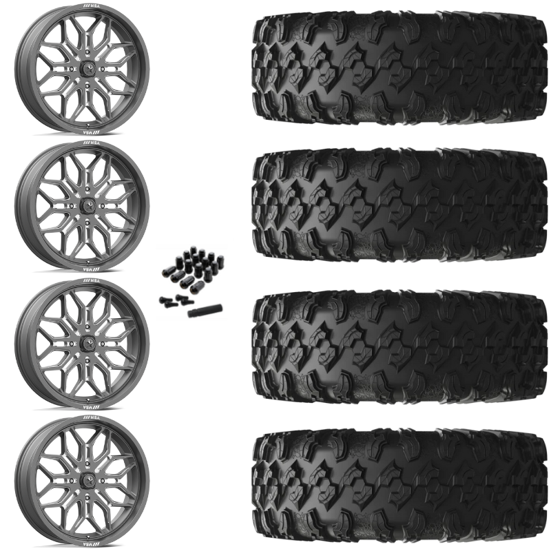 20" MSA Sniper M47 Gun Metal Milled UTV Rims & 35" EFX MotoRavage Tires 8 Ply Mounted