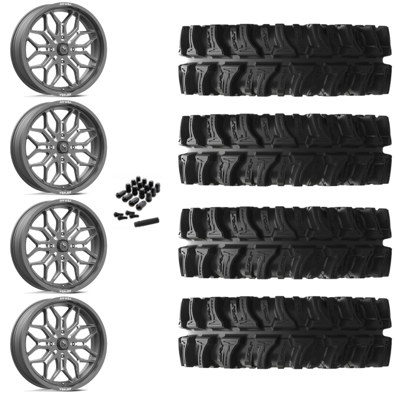 24" MSA Sniper M47 Gun Metal Milled UTV Rims & 35" EFX MotoSlayer Tires 6 Ply Mounted
