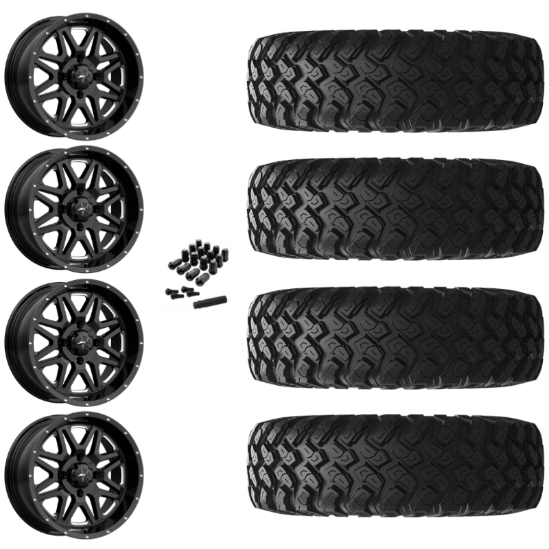 14" MSA Vibe M26 Black Milled UTV Rims & 28" EFX MotoRally Tires 8 Ply Mounted