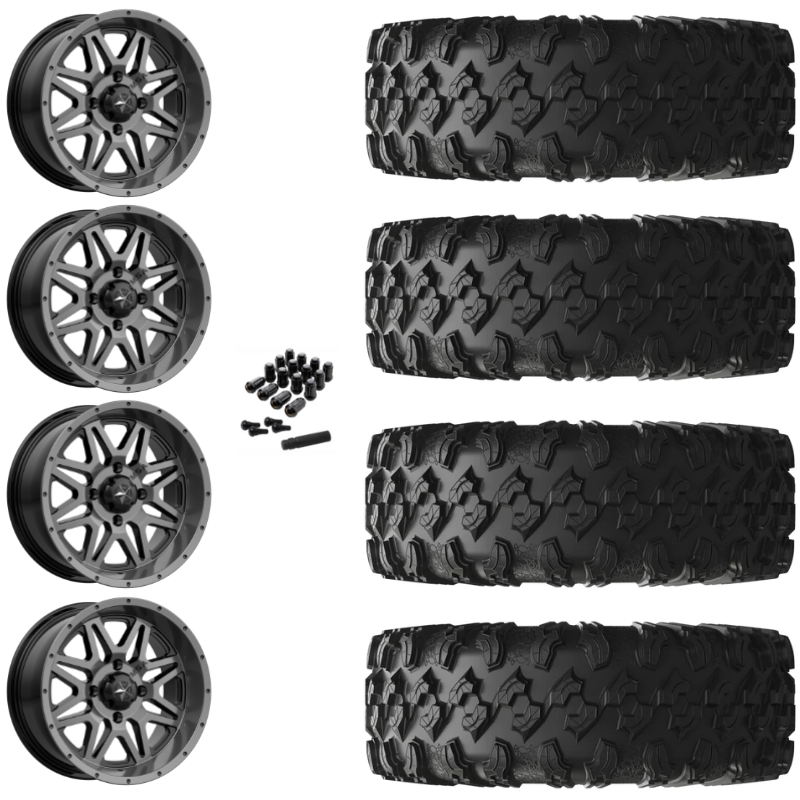 14" MSA Vibe M26 Dark Tint UTV Rims & 27" EFX MotoRavage Tires 8 Ply Mounted