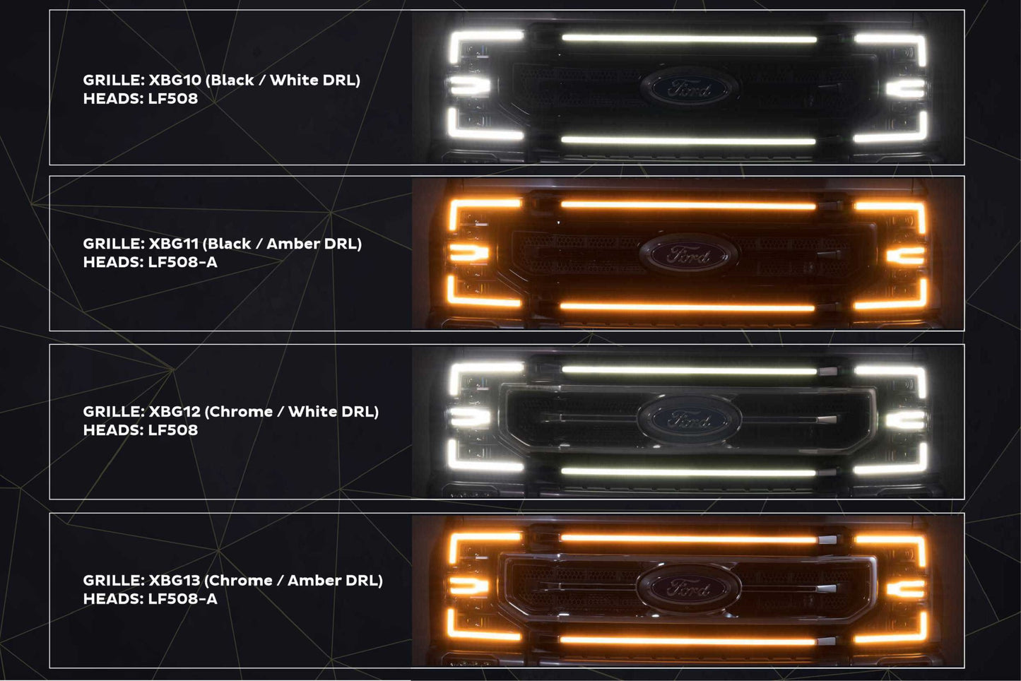 Morimoto Ford Super Duty XBG LED Grilles, 2020-2022, All Models, Gloss Black, Amber DRL, XBG11