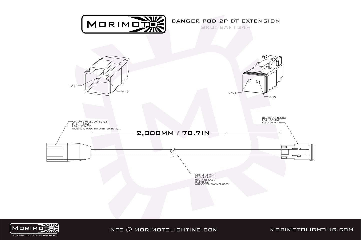 Morimoto 2P DT Extension Harness, 1 / 2 4Banger, 2M Long, BAF134H