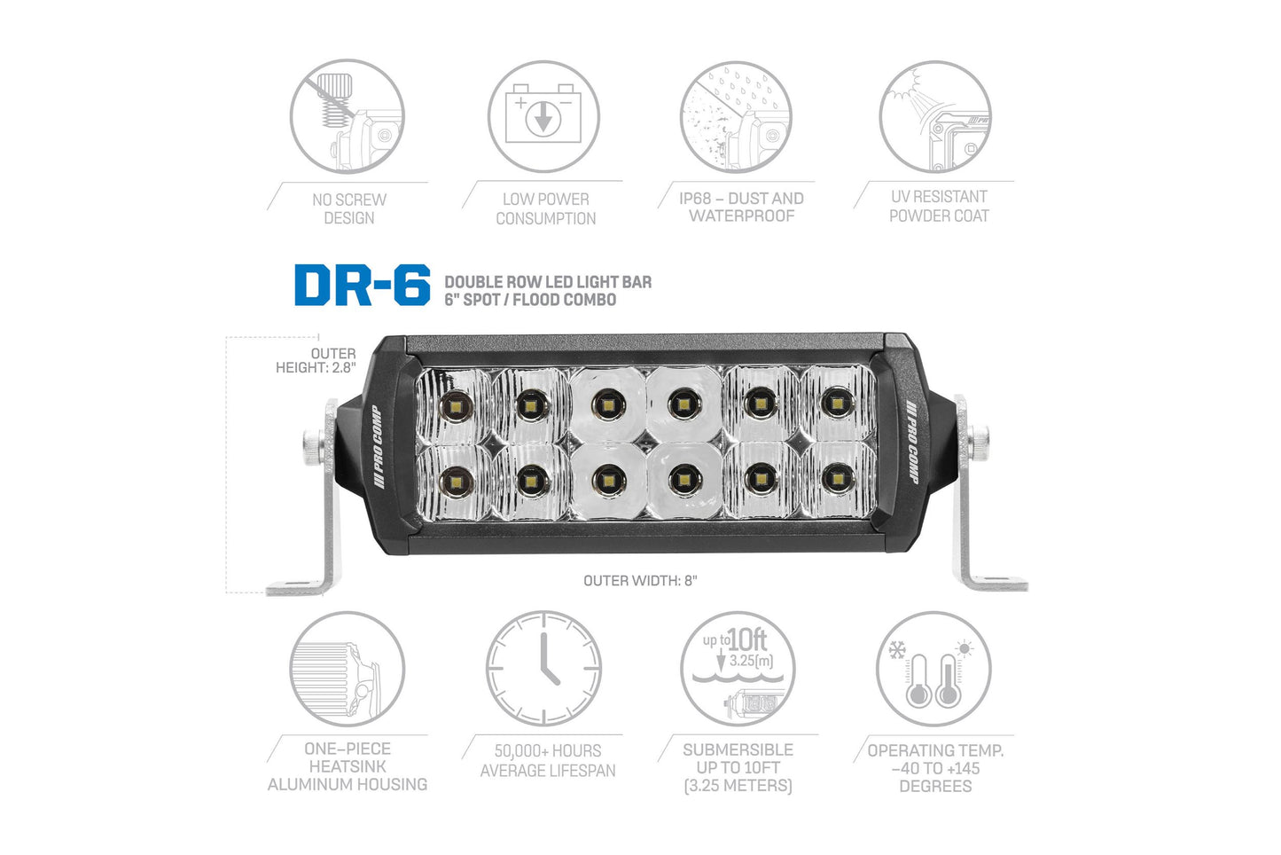 ProComp Motorsports Series Double Row Light Bar, 6", White, Combo Beams, Universal, EXP75206