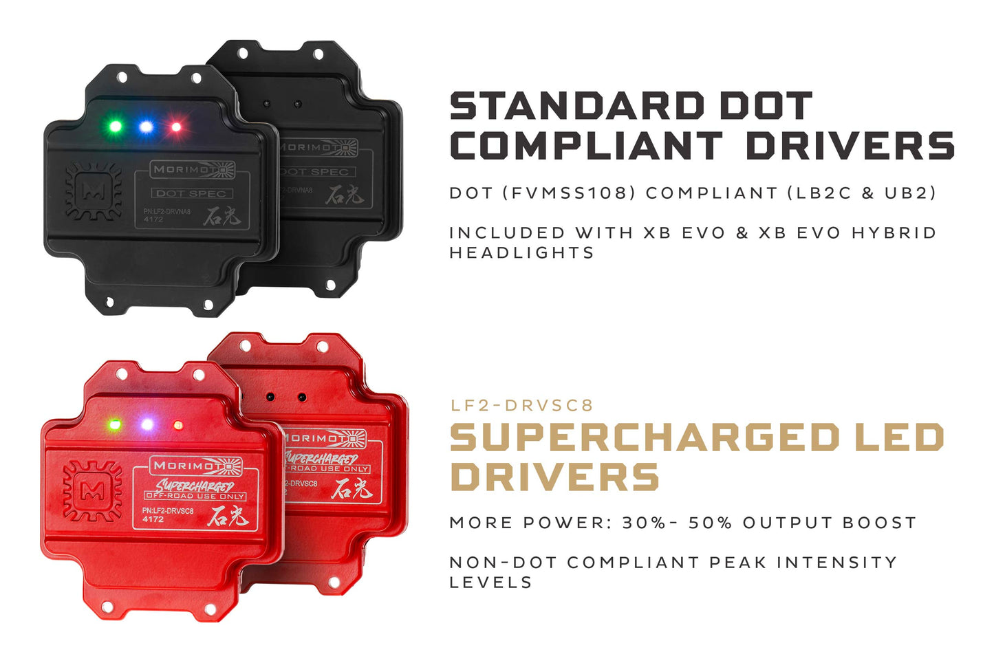 Morimoto Supercharged Drivers, LF2-531 or LF2-531Y, Set, LF2-DRVSC8