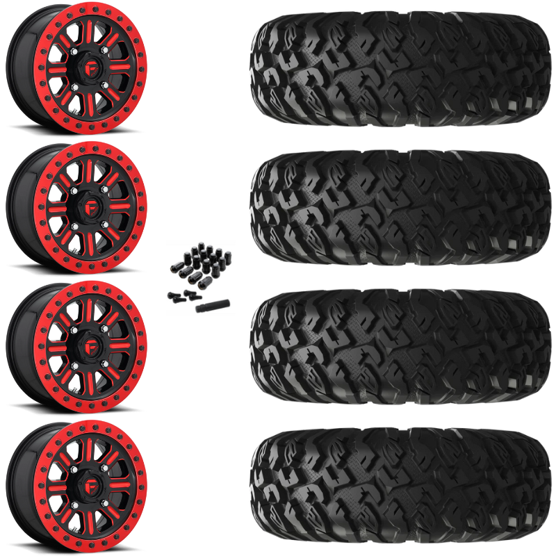 15" Fuel Hardline D911 Beadlock Red UTV Rims & 28" EFX MotoClaw Tires 8 Ply Mounted