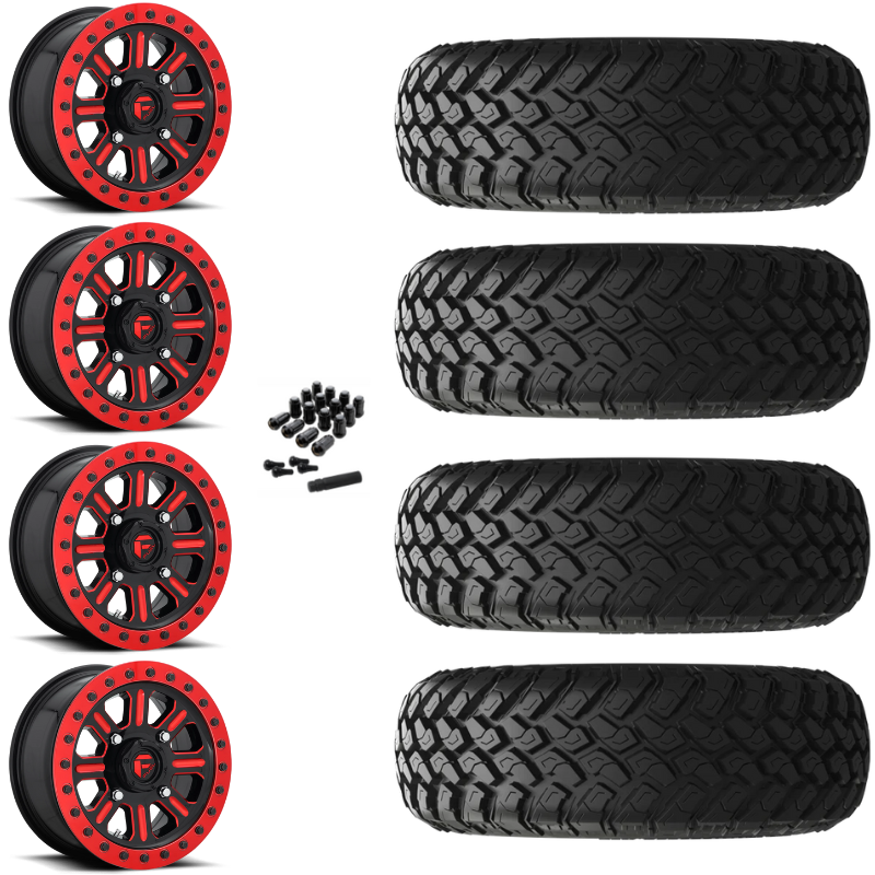15" Fuel Hardline D911 Beadlock Red UTV Rims & 30" EFX MotoHammer Tires 8 Ply Mounted