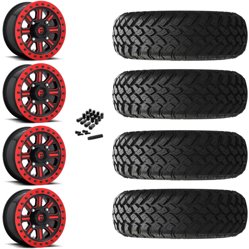 15" Fuel Hardline D911 Beadlock Red UTV Rims & 32" EFX MotoHammer Tires 8 Ply Mounted