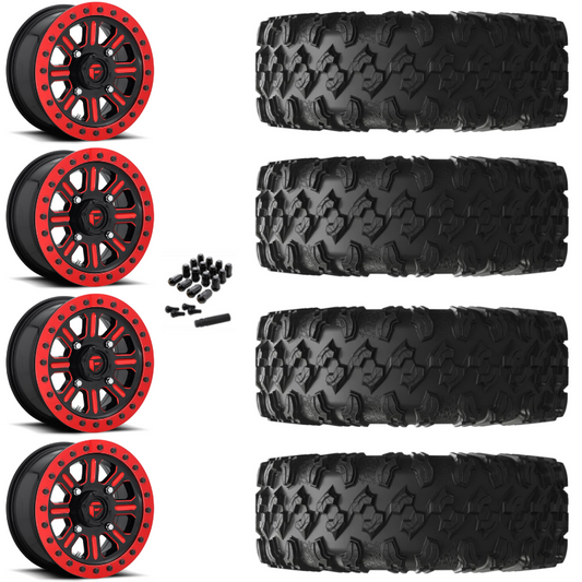 15" Fuel Hardline D911 Beadlock Red UTV Rims & 30" EFX MotoRavage Tires 8 Ply Mounted