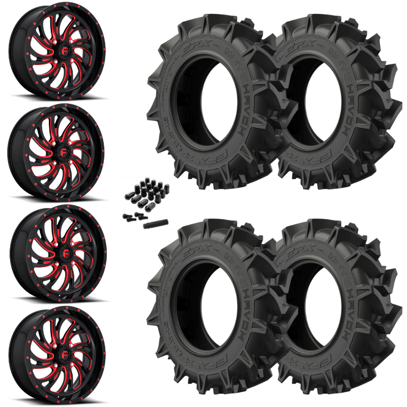 18" Fuel Kompressor D642 Red Black UTV Rims & 34" EFX MotoHavok Tires 6 Ply Mounted