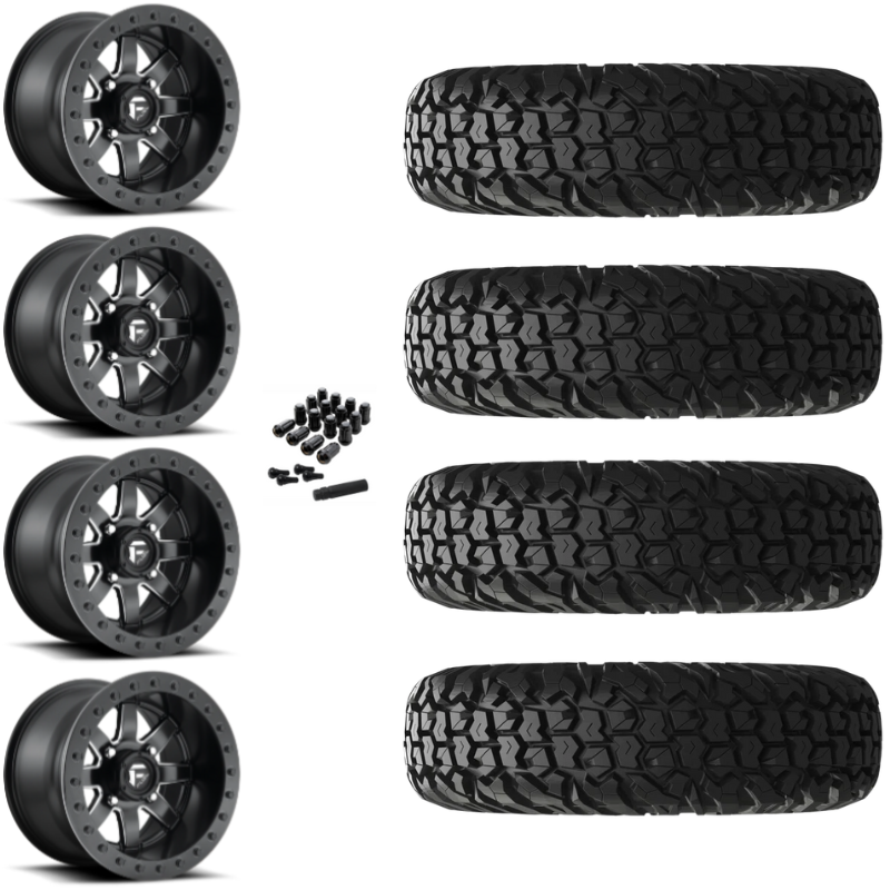 14" Fuel Maverick D928 Beadlock Black Milled UTV Rims & 27" EFX MotoVator Tires 8 Ply Mounted