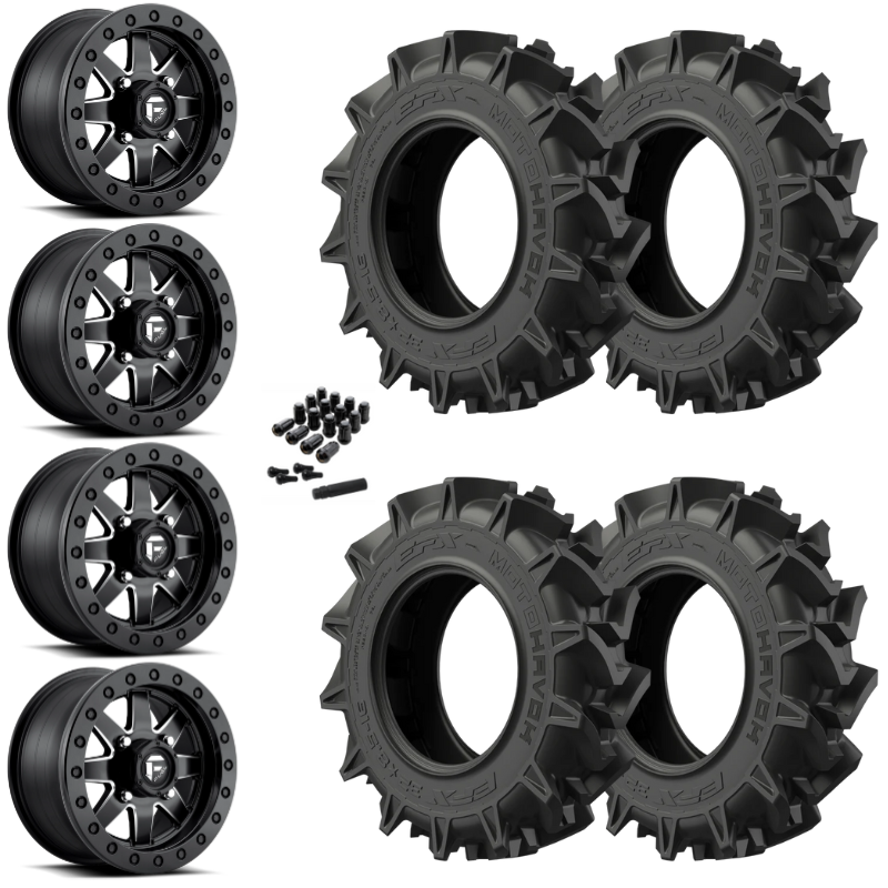 18" Fuel Maverick D938 Beadlock Black Milled UTV Rims & 34" EFX MotoHavok Tires 6 Ply Mounted