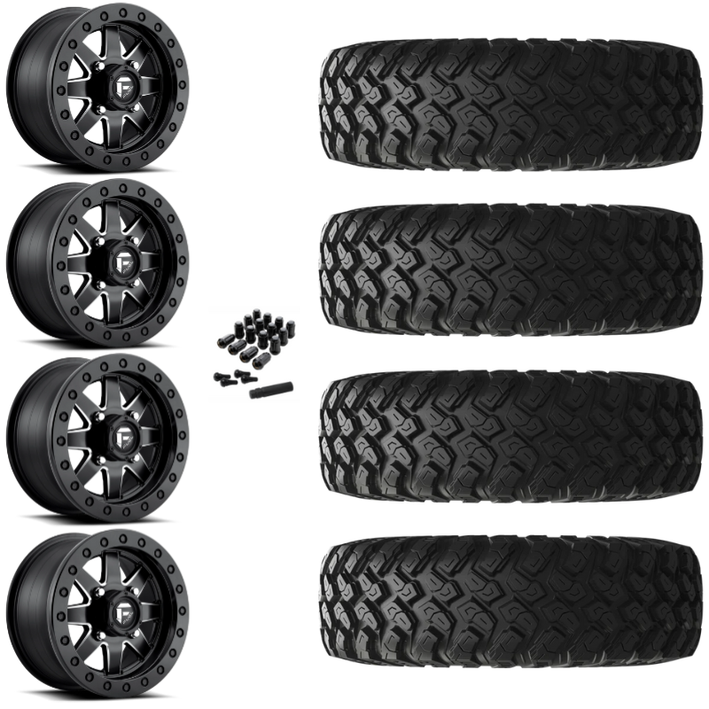 14" Fuel Maverick D938 Beadlock Black Milled UTV Rims & 28" EFX MotoRally Tires 8 Ply Mounted