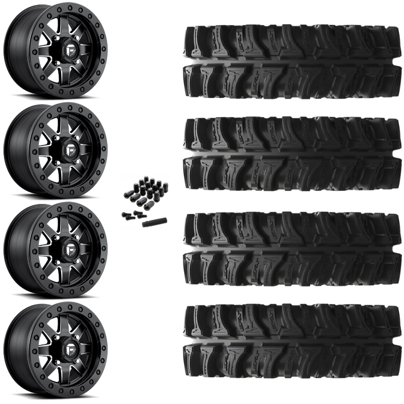 14" Fuel Maverick D938 Beadlock Black Milled UTV Rims & 28" EFX MotoSlayer Tires 6 Ply Mounted