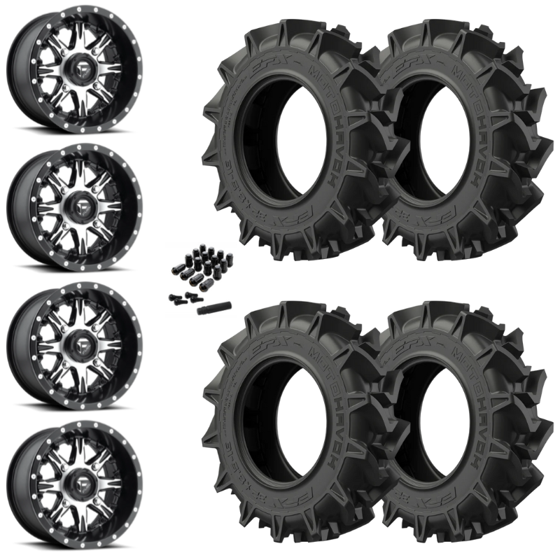 14" Fuel Nutz D541 Machined UTV Rims & 28" EFX MotoHavok Tires 6 Ply Mounted