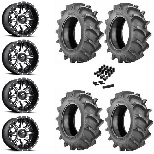 14" Fuel Nutz D541 Machined UTV Rims & 28" BKT TR171 Tires 6 Ply Mounted