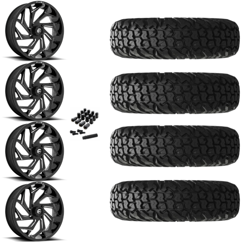 18" Fuel Reaction D753 Black Milled UTV Rims & 34" EFX MotoVator Tires 8 Ply Mounted