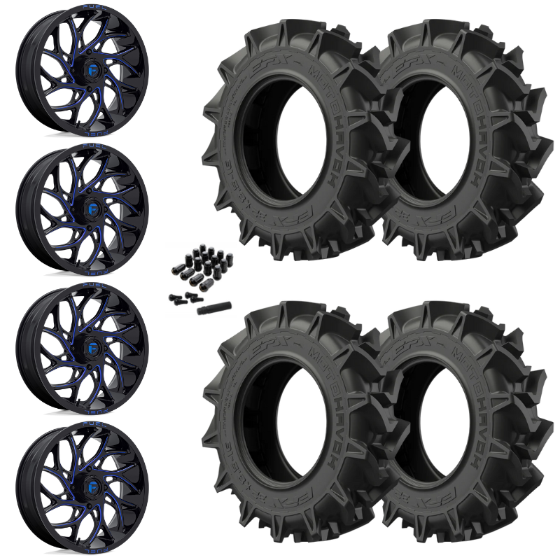 20" Fuel Runner D778 Blue Milled UTV Rims & 35" EFX MotoHavok Tires 6 Ply Mounted
