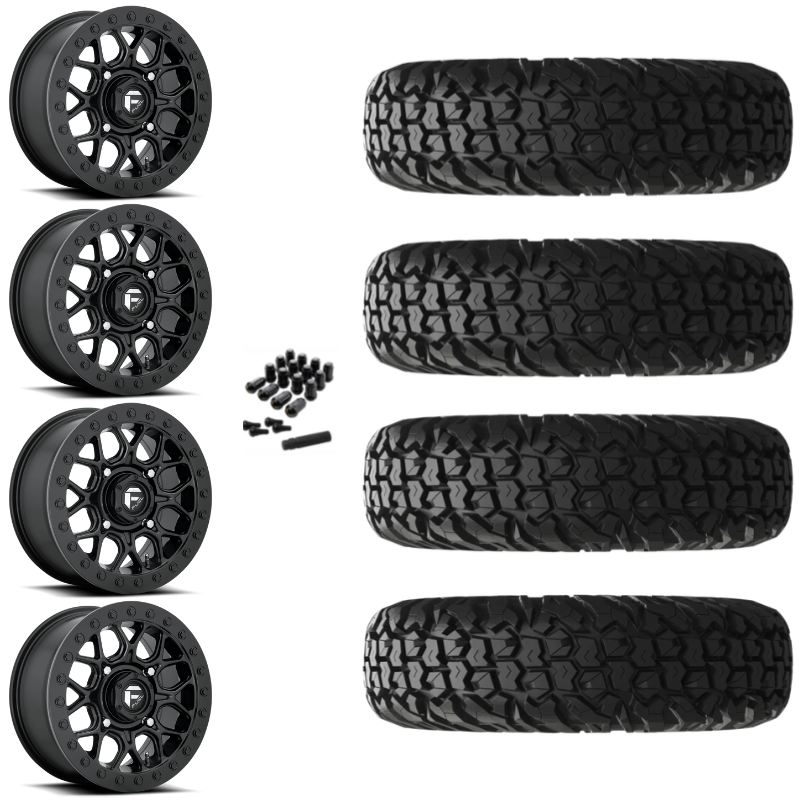 15" Fuel Tech D916 Beadlock Black UTV Rims & 34" EFX MotoVator Tires 8 Ply Mounted