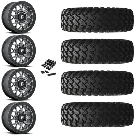 15" Fuel Tech D919 Beadlock Black Gun Metal UTV Rims & 28" EFX MotoRally Tires 8 Ply Mounted