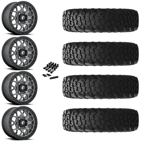 15" Fuel Tech D919 Beadlock Black Gun Metal UTV Rims & 33" EFX MotoVator R/T Tires 8 Ply Mounted