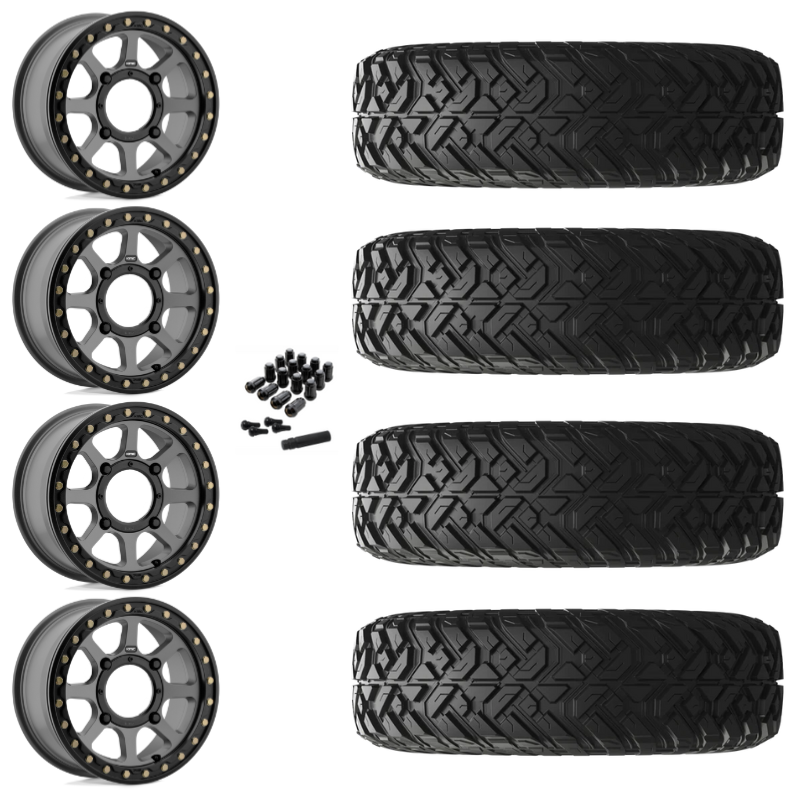 14" KMC Addict 2 KS234 Beadlock Gray UTV Rims & 28" EFX Gripper R/T Tires 10 Ply Mounted