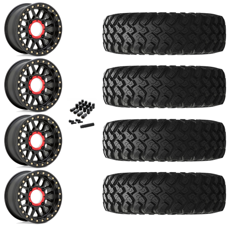 15" KMC Grenade KS235 Beadlock Black UTV Rims & 28" EFX MotoRally Tires 8 Ply Mounted
