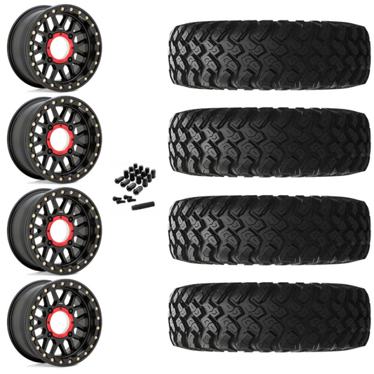 15" KMC Grenade KS235 Beadlock Black UTV Rims & 28" EFX MotoRally Tires 8 Ply Mounted
