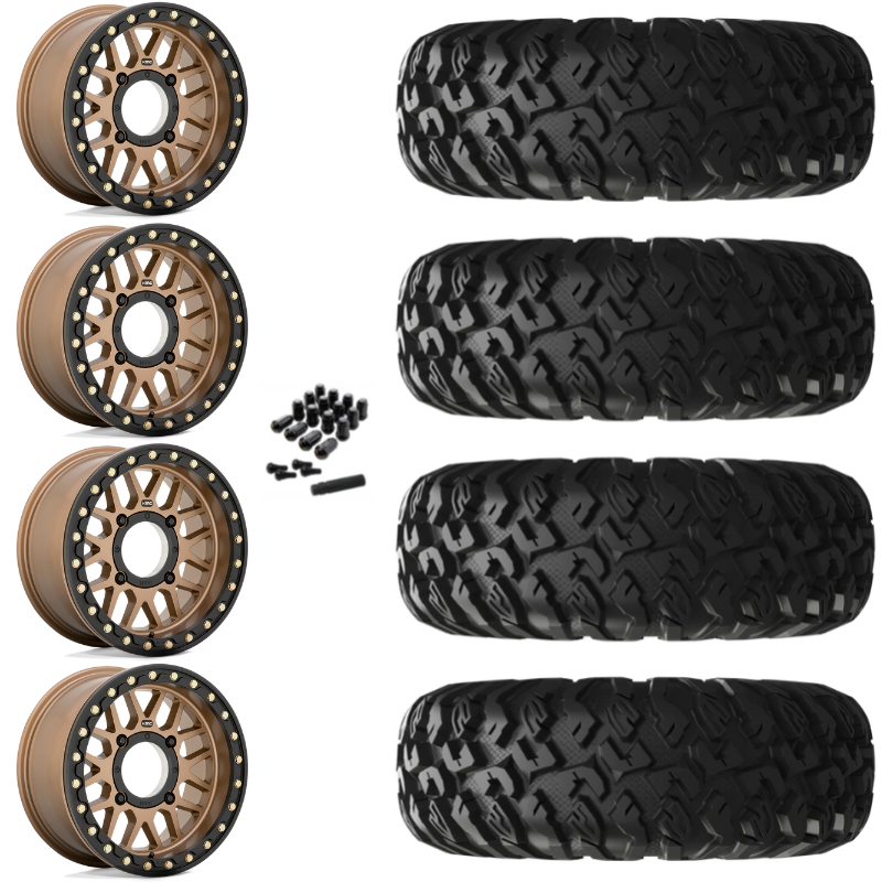 15" KMC Grenade KS235 Beadlock Bronze UTV Rims & 28" EFX MotoClaw Tires 8 Ply Mounted