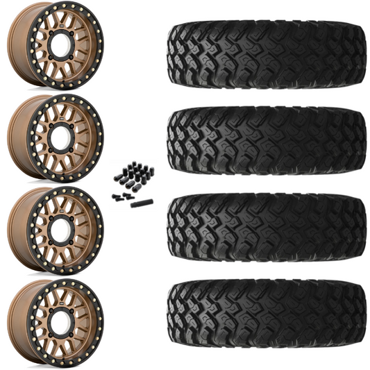 15" KMC Grenade KS235 Beadlock Bronze UTV Rims & 28" EFX MotoRally Tires 8 Ply Mounted