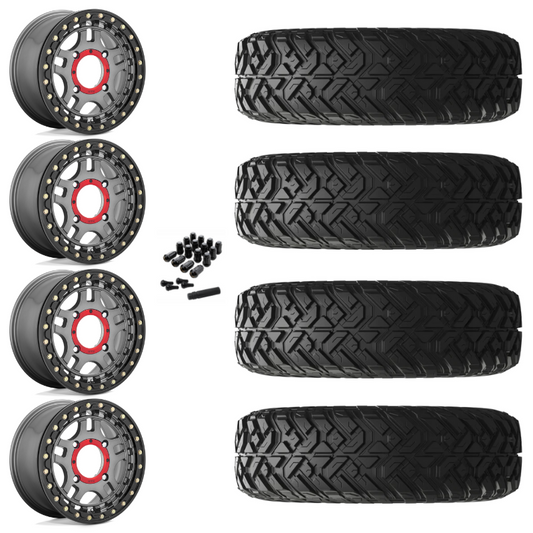 14" KMC Recon KS240 Beadlock Gun Metal UTV Rims & 28" EFX Gripper R/T Tires 10 Ply Mounted