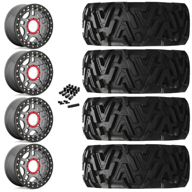 14" KMC Recon KS240 Beadlock Gun Metal UTV Rims & 27" EFX MotoMTC Tires 6 Ply Mounted