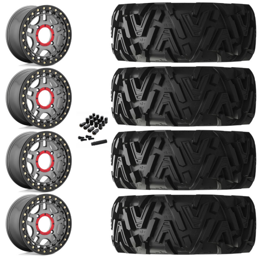 14" KMC Recon KS240 Beadlock Gun Metal UTV Rims & 27" EFX MotoMTC Tires 6 Ply Mounted