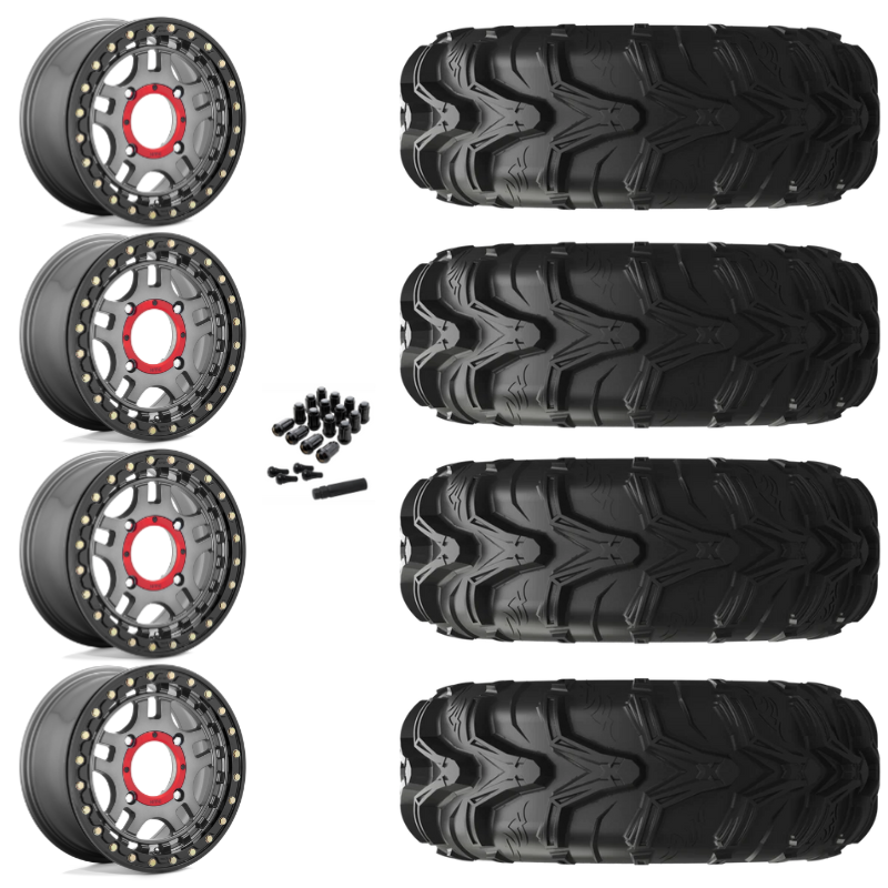 14" KMC Recon KS240 Beadlock Gun Metal UTV Rims & 27" EFX MotoMax Tires 6 Ply Mounted