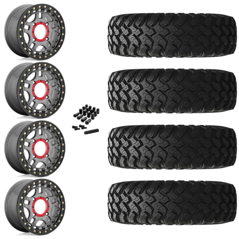 15" KMC Recon KS240 Beadlock Gun Metal UTV Rims & 28" EFX MotoRally Tires 8 Ply Mounted