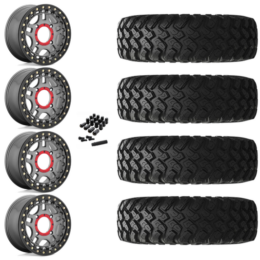 15" KMC Recon KS240 Beadlock Gun Metal UTV Rims & 28" EFX MotoRally Tires 8 Ply Mounted