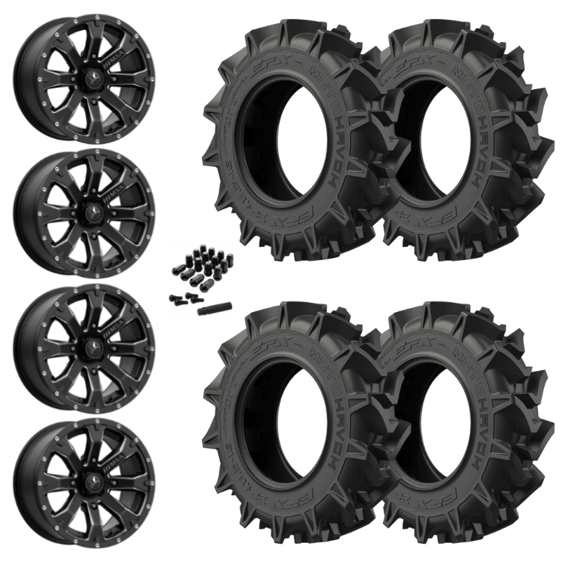 14" MSA Bounty M42 Black Milled UTV Rims & 28" EFX MotoHavok Tires 6 Ply Mounted