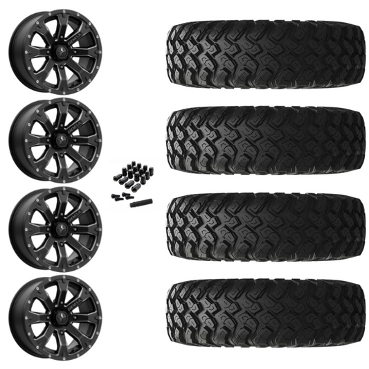 14" MSA Bounty M42 Black Milled UTV Rims & 28" EFX MotoRally Tires 8 Ply Mounted