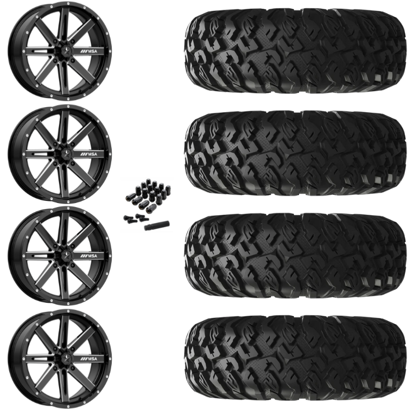 14" MSA Boxer M41 Black Milled UTV Rims & 27" EFX MotoClaw Tires 8 Ply Mounted